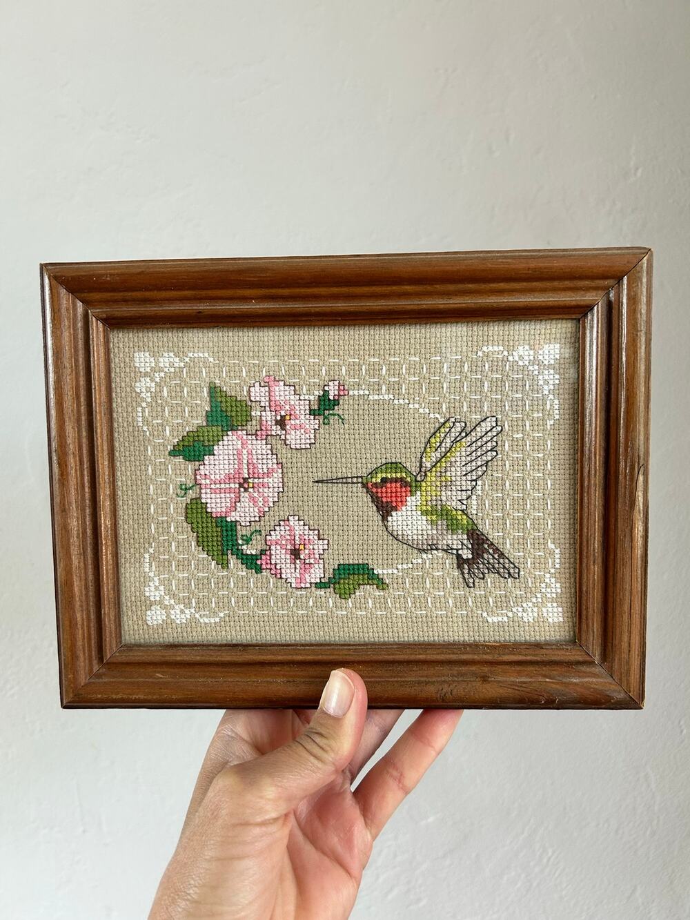 Vintage Hummingbird Cross Stitch, Framed Pink Floral Needlework Wall Art